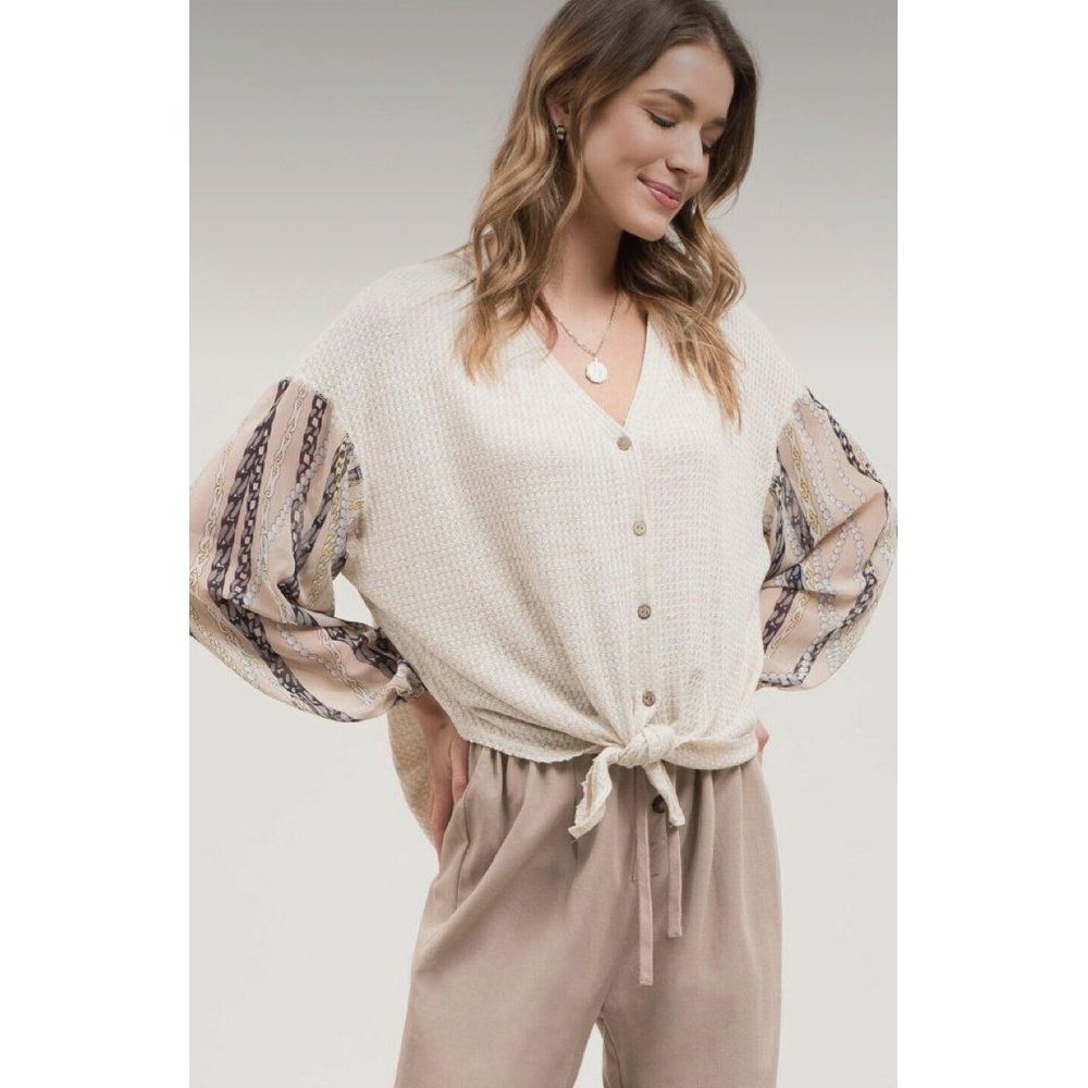 Boho Chic Waffle Knit‎ Top with Printed Sleeves Button-Down Tie Front size Large
